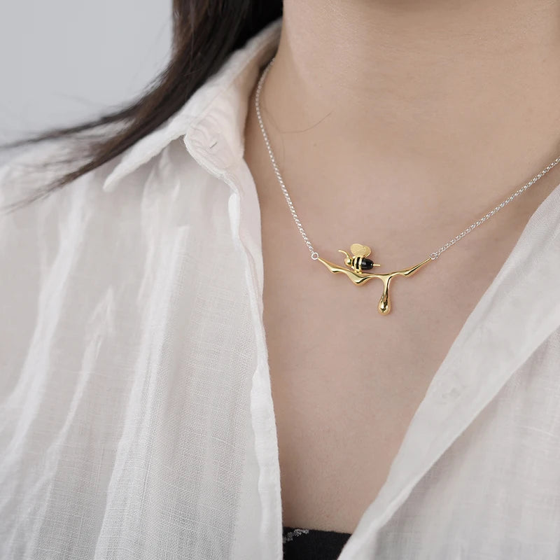 Gold Bee and Dripping Honey Pendant Necklace