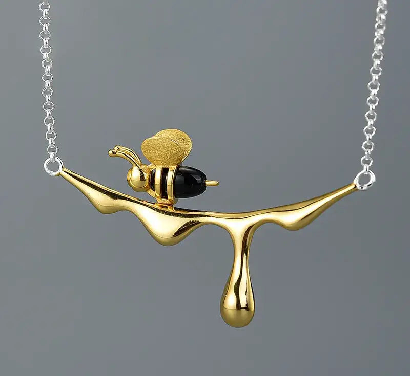 Gold Bee and Dripping Honey Pendant Necklace