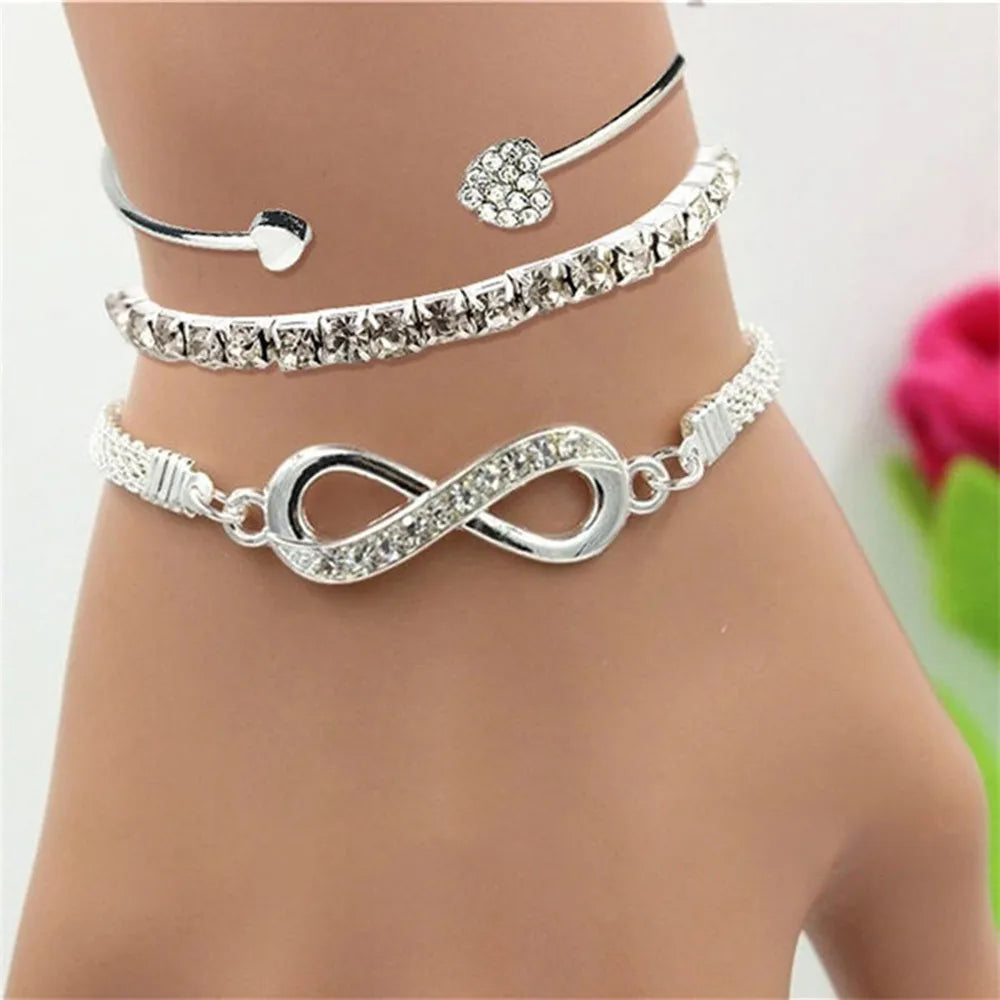 Vintage Set Silver Color Crystal Rhinestone Heart Bracelets for Women